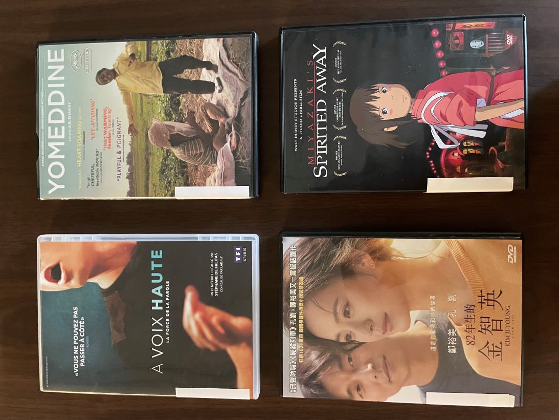 Four of the newest DVDs acquired by the LLC - A Voix Haute (French), Yommedine (Egyptian), Kim Ji-Young Born 1982 (Korean), Spirited Away (Japanese) 